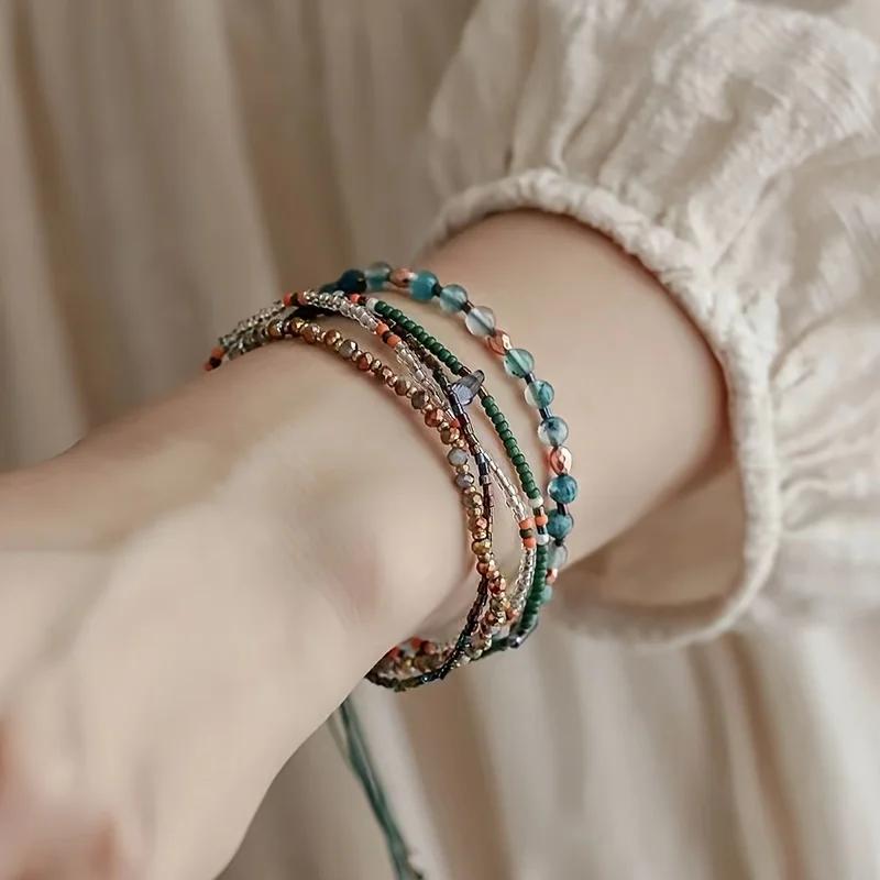 Elegant Double Layered Crystal Pearl Beaded Bracelet for Women Chic Beads Wrap Pendant Bangle Wedding Party Jewelry