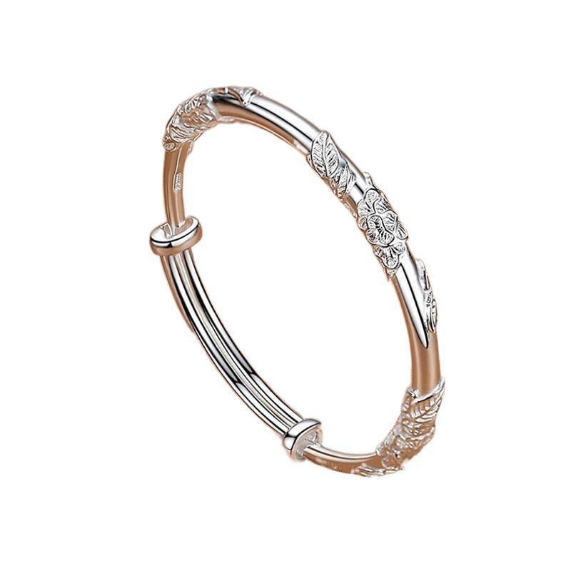 Elegant Floral Bracelet for Women – Solid Young Style, Push-Pull Ancient Bangle Design, Perfect Birthday Gift for Girlfriend