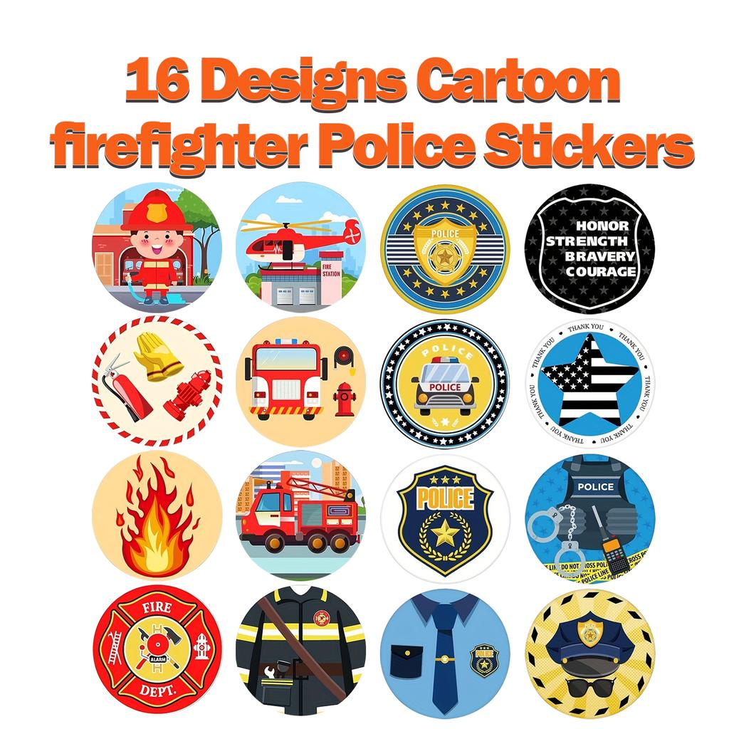 1Roll(500Pcs) Cartoon Fireman Police Stickers 16 Designs Decals Kids Teacher Reward Labels School Supplies Various Gift Package