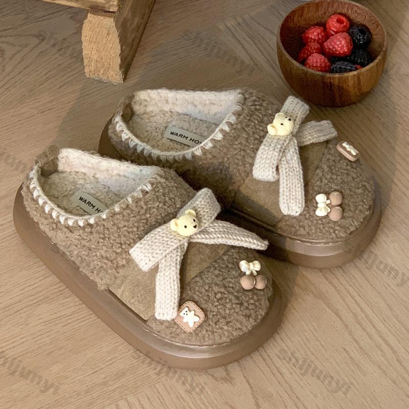 Fashion Women Winter Warm Flat Cotton Slippers Female Cute Bear Home Furry Thick Warm Slides Ladies Comfort Non Slip Indoor Cotton Shoes