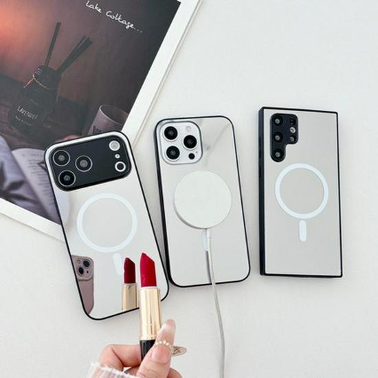 

Black Edge Mirror Phone Case for iPhone 14/15/16/17, Soft Silicone, Magnetic Charging, Protective Cover 15 Plus (Large Hole)