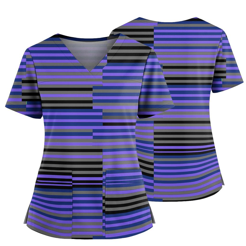 Damski casualowy top z nadrukiem z dekoltem w serek, kieszenią i rozcięciem po bokach, z krótkim rękawem