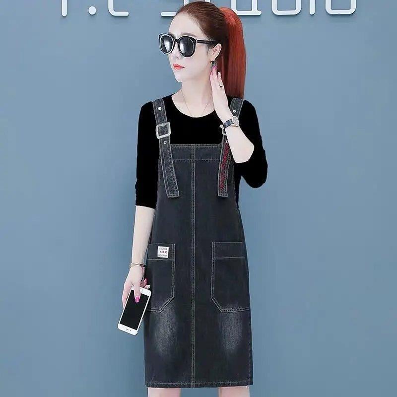 Letnia luźna sukienka Plus-Size Sukienka Średnia długa sukienka na ramiączkach Kieszeń bez rękawów Modna sukienka dżinsowa Plus rozmiar