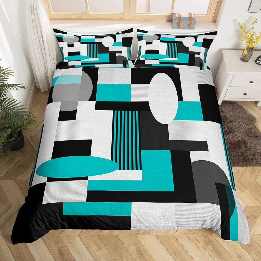 Feelyou Geometrisches Bettwäsche-Set Queen-Size Grün Schwarz Grau Bettbezug-Set für Jungen Mädchen Teenager Rechteck Quadrat Bettbezug Modern Abstrakt