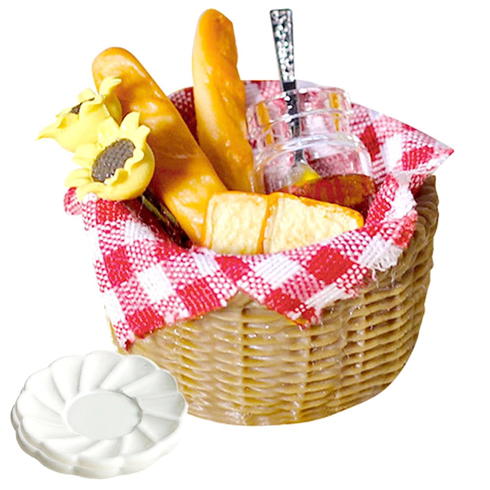 

moin moin Миниатюра 16112 Масштаб Набор для кукольного домика Корзина и Клетчатая ткань и Хлеб и Цветы и Маленькая тарелка Набор для пикника размером с ладонь, Реалистичный,