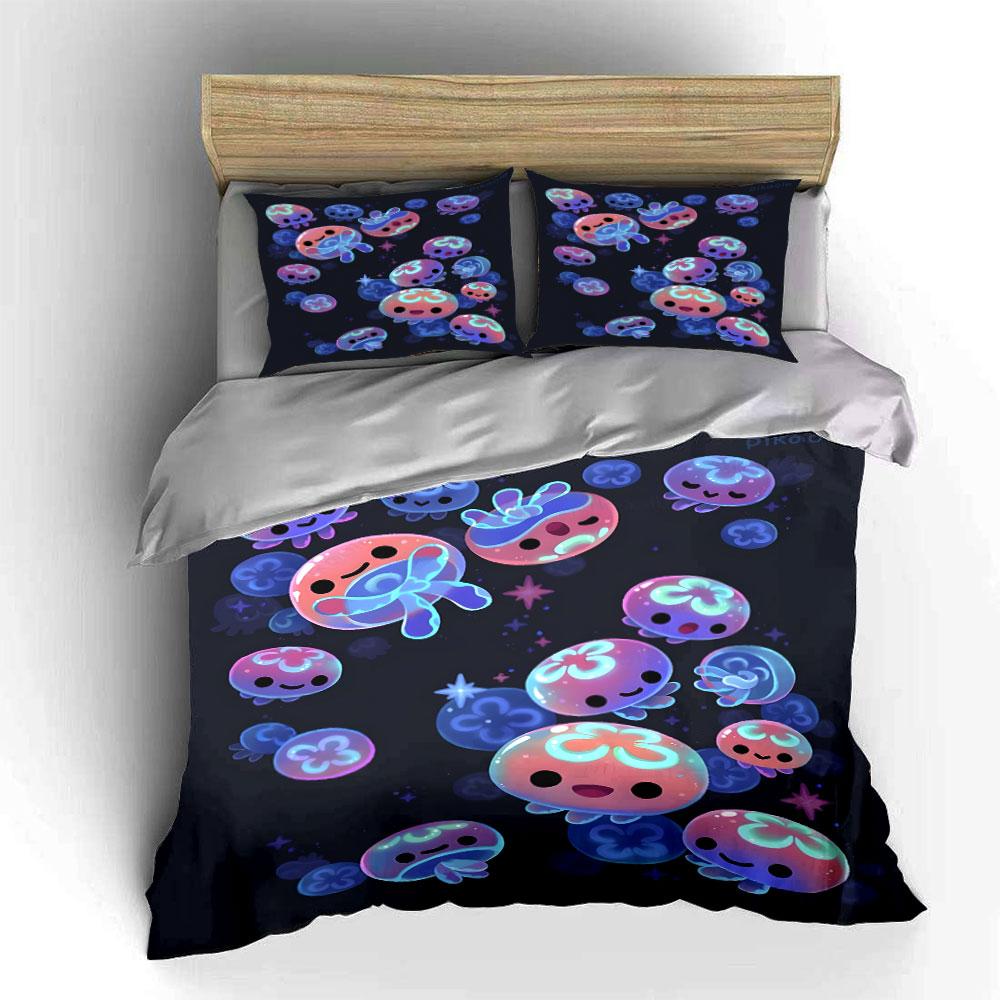 Cute Jellyfish Floating in Night Sky Print Bedding Set 1 Duvet Cover 2 Pillowcases for Adult and Children Luxury Gift Full Size
