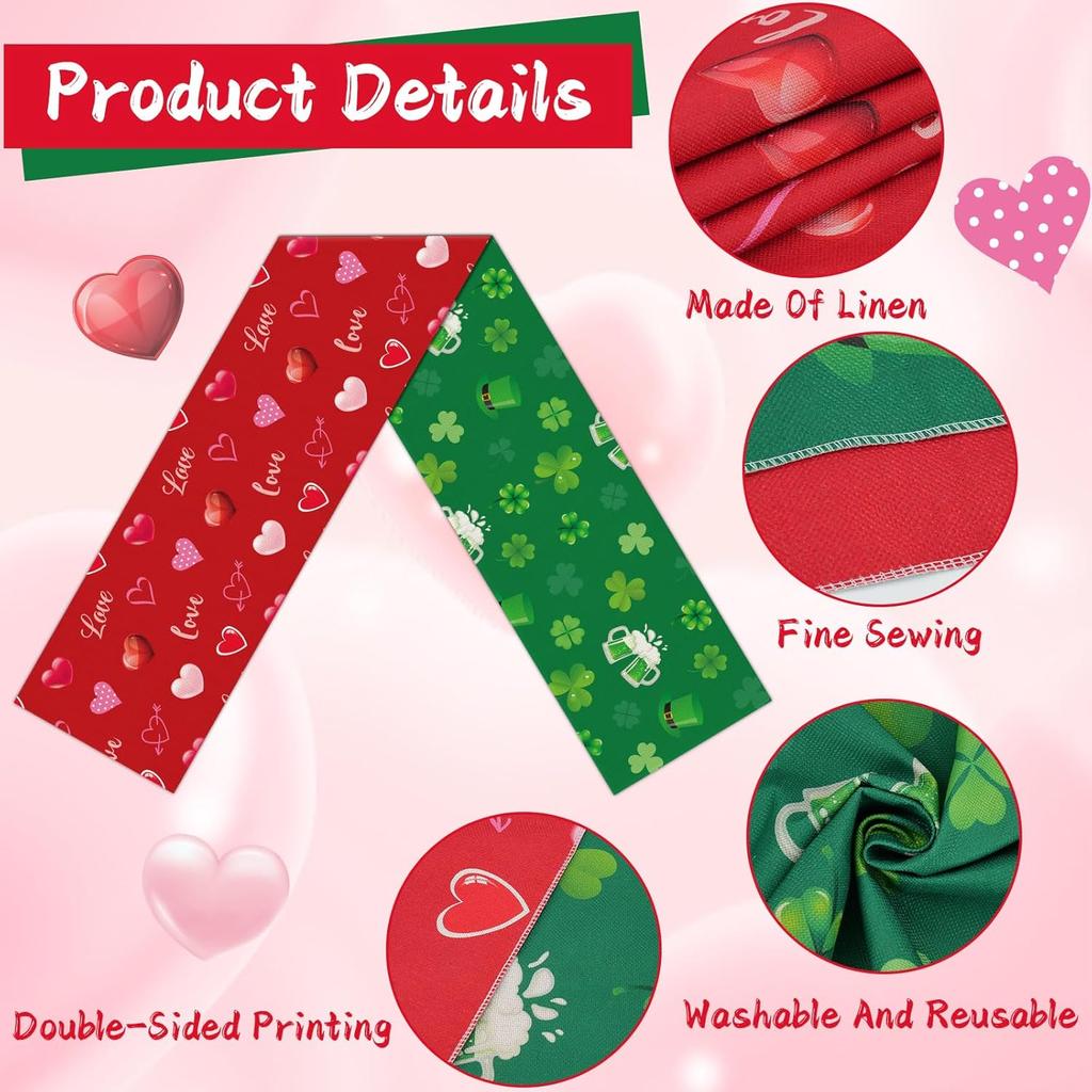 St. Patrick's Day Linen Table Runner Valentine's Day Table Runner St. Patrick Love Heart St. Patrick's Day Shamrock Table Runner for Dinning Kitchen