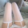 Women Sexy Lace Transparent Garter Belt with Oil Glossy Thigh High Stockings Cute Wedding Bow Garters Slim Nylon Pantyhose