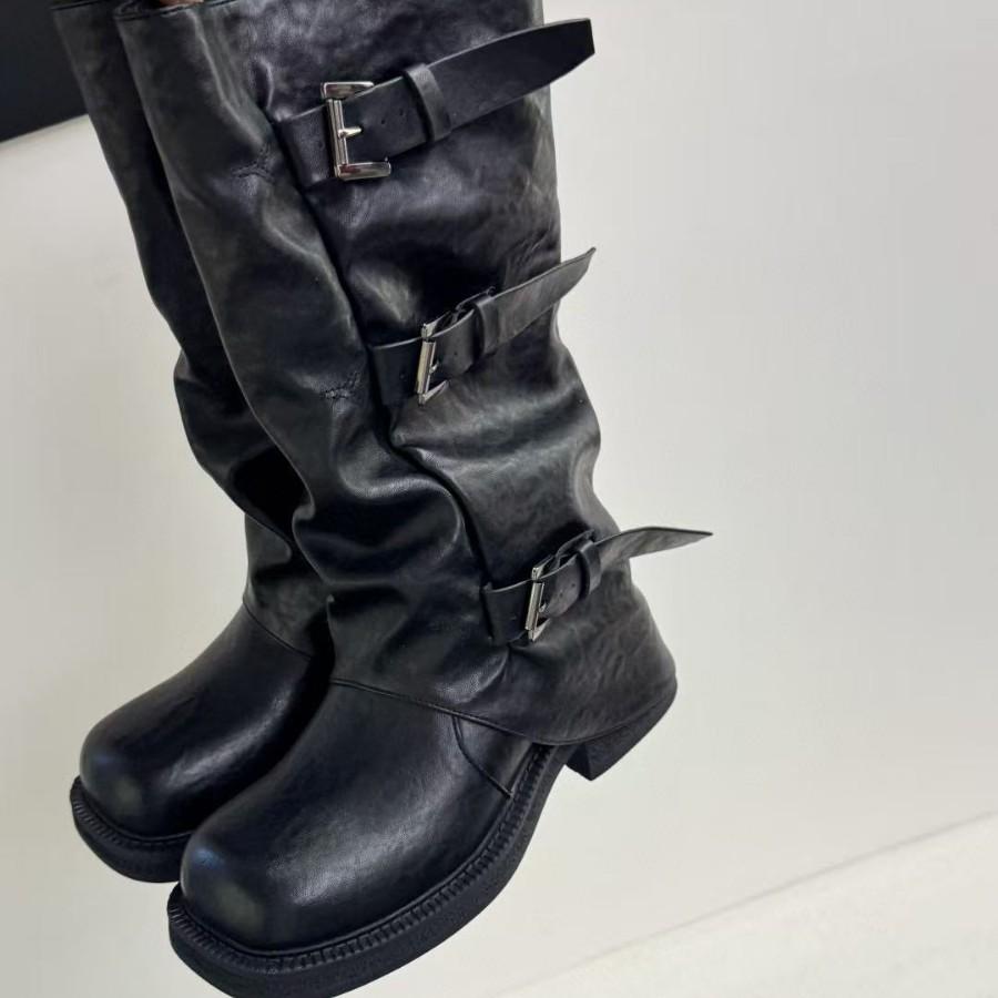 thick-soled thick-heeled medium tube pants tube boots women's new autumn western cowboy slim big tube circumference high tube Martin boots