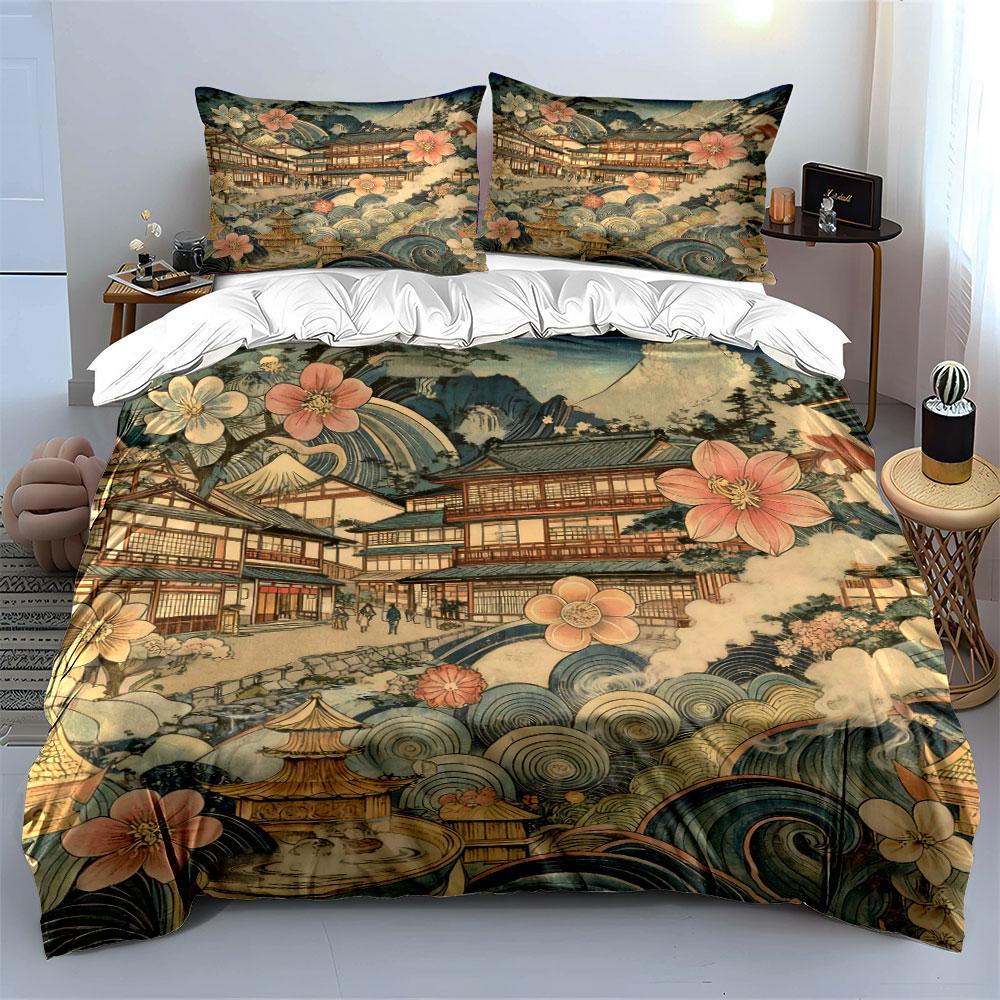 Japanese Landscape Three-Piece Set Decor Soft Comfortable Duvet Cover Bedding Set Included 1*Duvet Cover & 2*Pillowcases,Gift