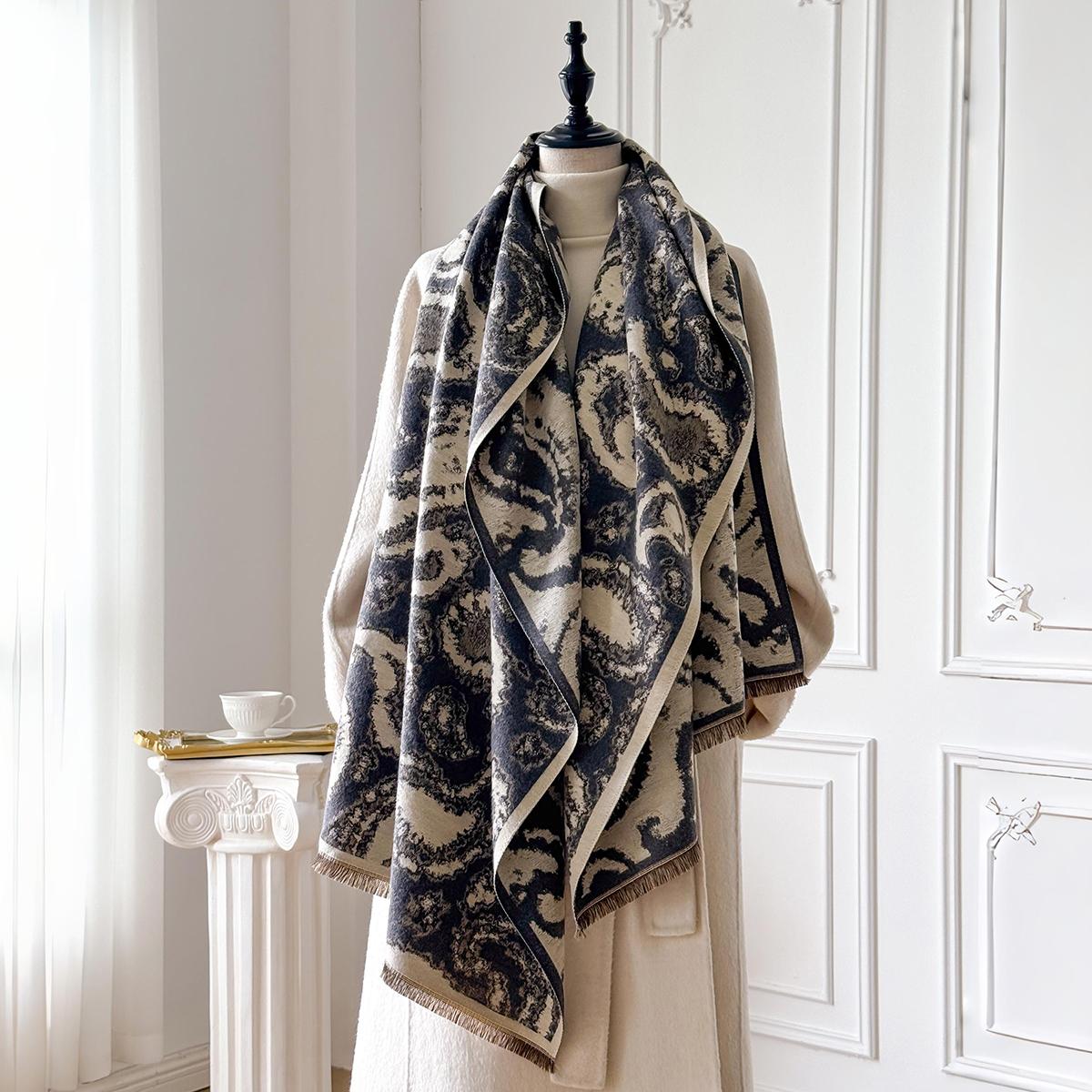 

Модный женский зимний платок из искусственного кашемира с винтажным принтом, кисточками, толстый, теплый, пашмина, двусторонний, уличный шарф, шаль