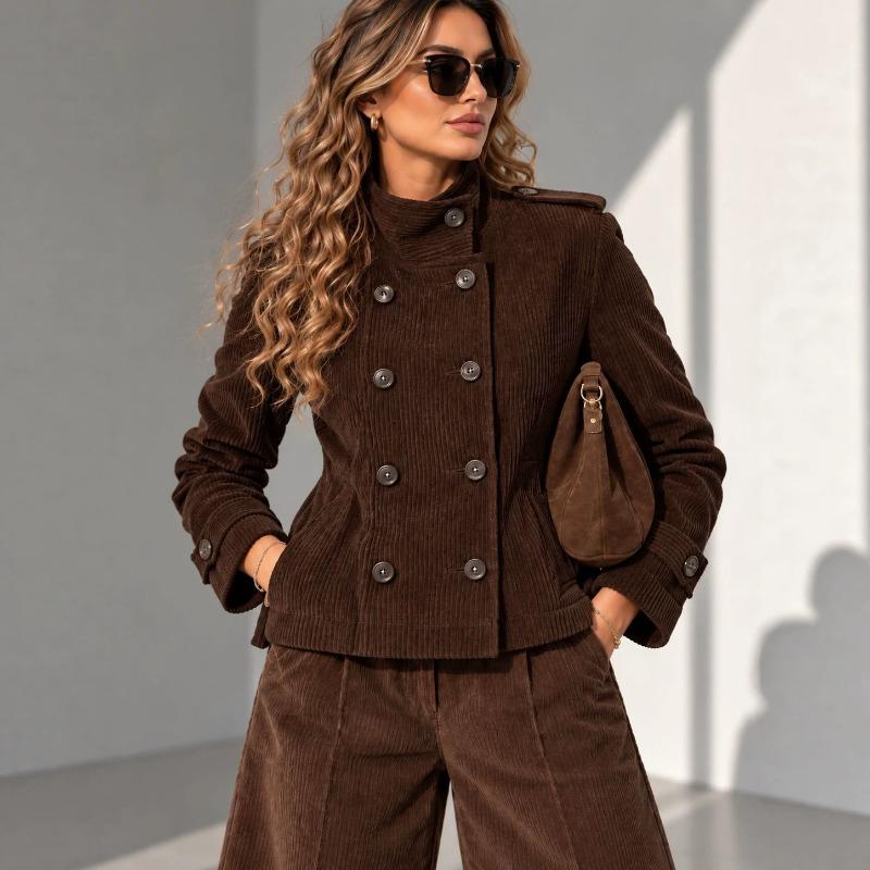 Autumn/winter new women's vintage stand-collar double-breasted corduroy slim short jacket