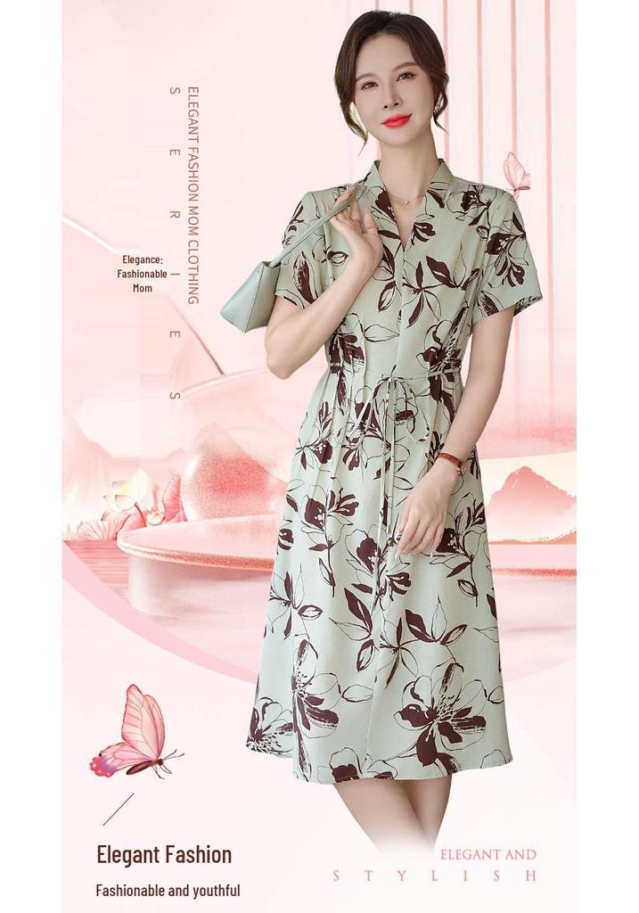 Mom's 2026 Stylish V-Neck Chiffon Dress for Middle-Aged & Elderly Women - Short-Sleeve Summer Skirt with Pockets