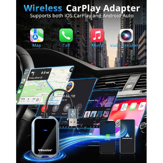 UBeesize Wireless CarPlay Adapter (2025) – Seamless Wireless Upgrade for 2017+ Cars | iPhone & Android Compatible