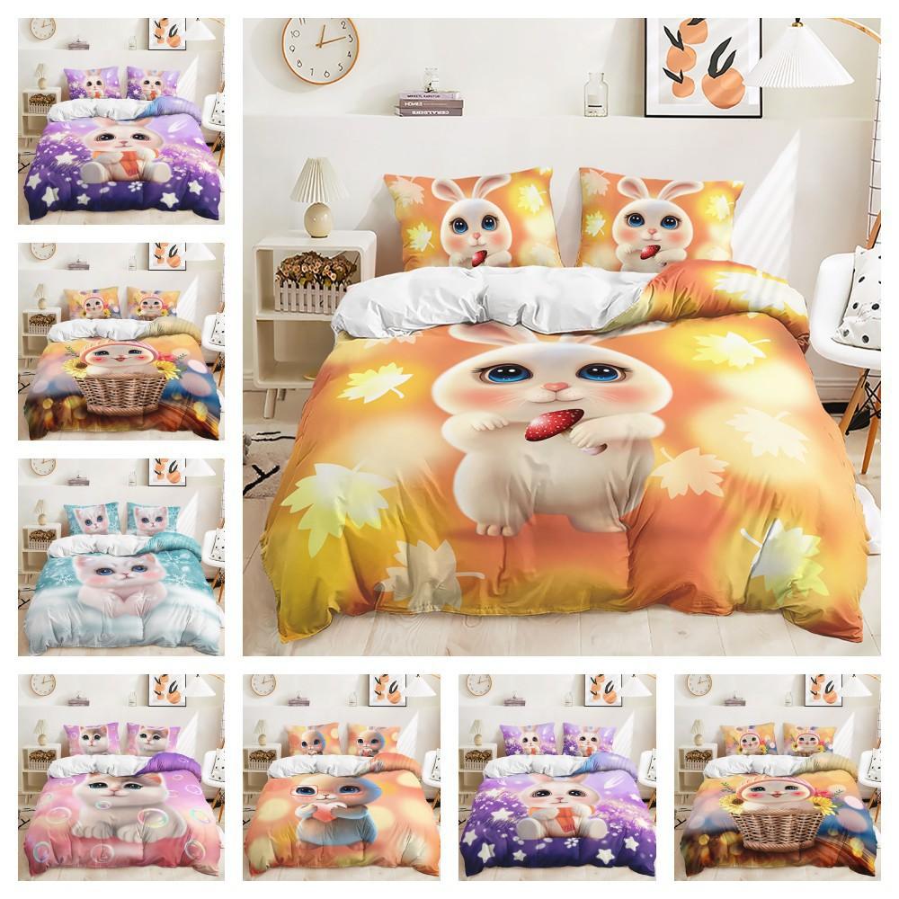 Bett Dreiteiliges Niedliches Tier-Set Katze Kaninchen Bettbezug Zweiteilig Schlafzimmer