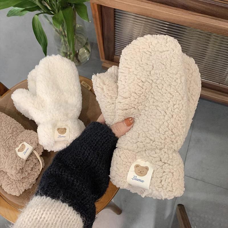 Winter Riding Plus Velvet Thickened Warm and Cold-proof Lamb Velvet Bear Label Cute Gloves for Women Halter Neck Student Gloves