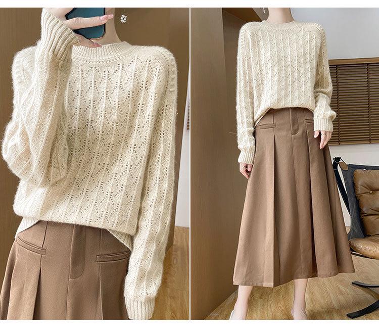 Women's Loose Wool Sweater - Half-High Neck, Diamond Cutout, Crocheted, 100% Pure Wool, Long Sleeve Knit