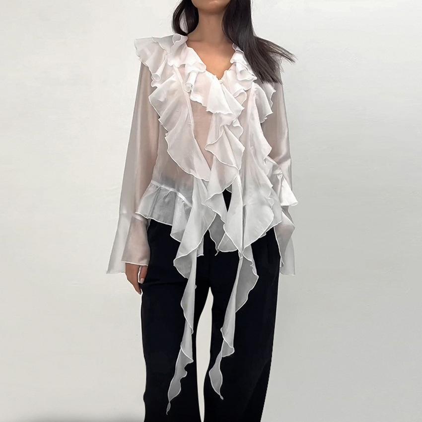 French classic retro white Tencel perspective versatile temperament V-neck horn sleeve commuter ruffle edge shirt women