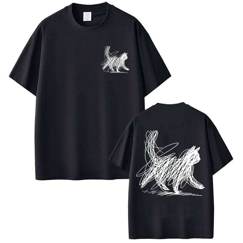 

Funny Scribble Cat Japanese Graphic T Shirt Men Women Fashion Harajuku Novelty T-shirts Oversized Cotton Casual Tees S