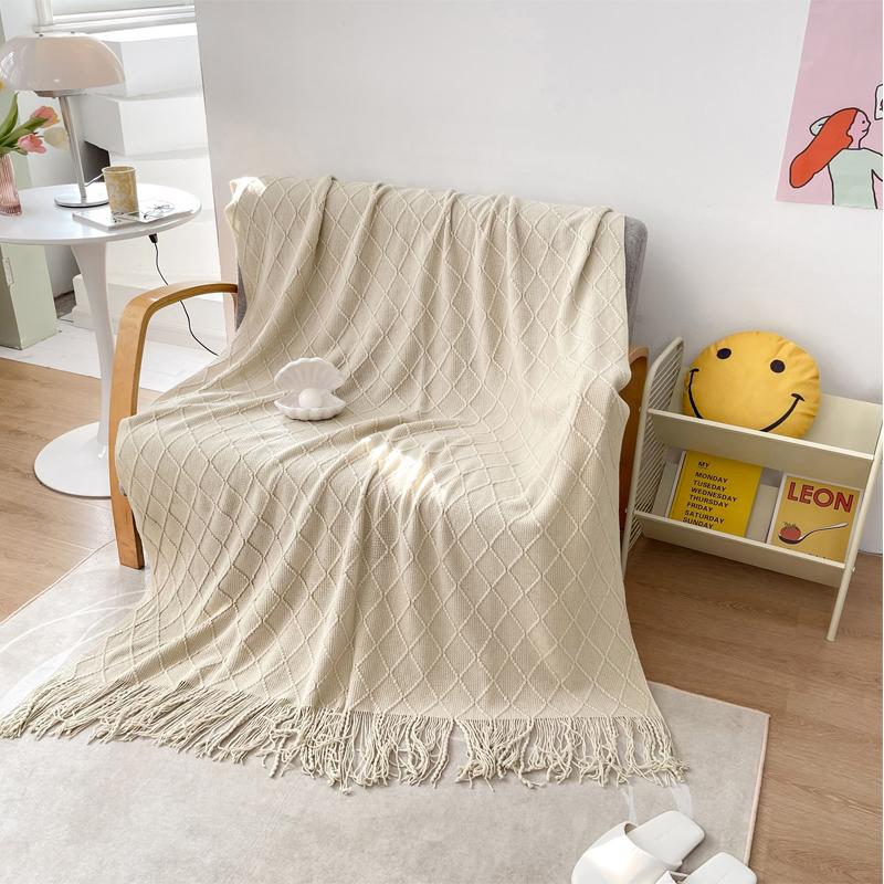 Tassel Blanket 100% Acrylic Bedside Towel Solid Color Plaid Knitted Blanket Nap/Travel Shawl Home Sofa Towel manta