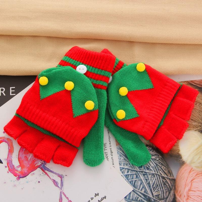 Christmas Women Gloves Winter Half Finger Flip Lady Cute Youth Warm Knitting Wool Students Writing Game Fingerless Mittens