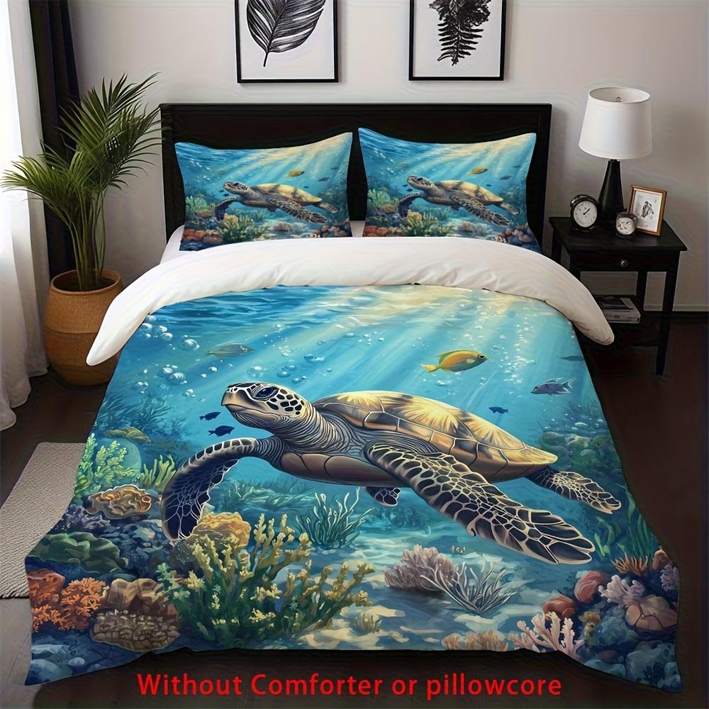 2/3pcs Blue Ocean Turtle Print Duvet Cover Set (1 Duvet Cover + 1/2 Pillowcase, Without Core), Underwater World Fish Coral