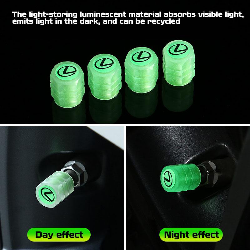 4Pcs Luminous Car Tire Valve Cap For Lexus RX330 IS250 GS300 Fluorescent Night Glowing Decor Wheel Dustproof Tyre Valve Stem Cap