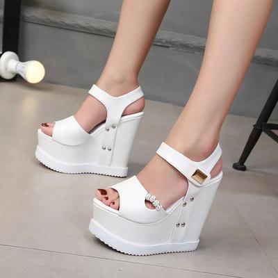 2025 Spring New Fish Mouth Waterproof Platform Inside Increase Sponge Cake Thick Base Wedge Sandals 15 Cm Sky High