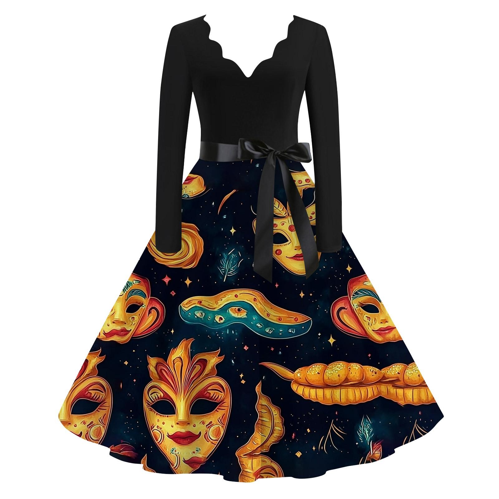 

Женское повседневное модное платье с V-образным вырезом и длинным рукавом с карнавальным принтом в винтажном стиле L чёрный