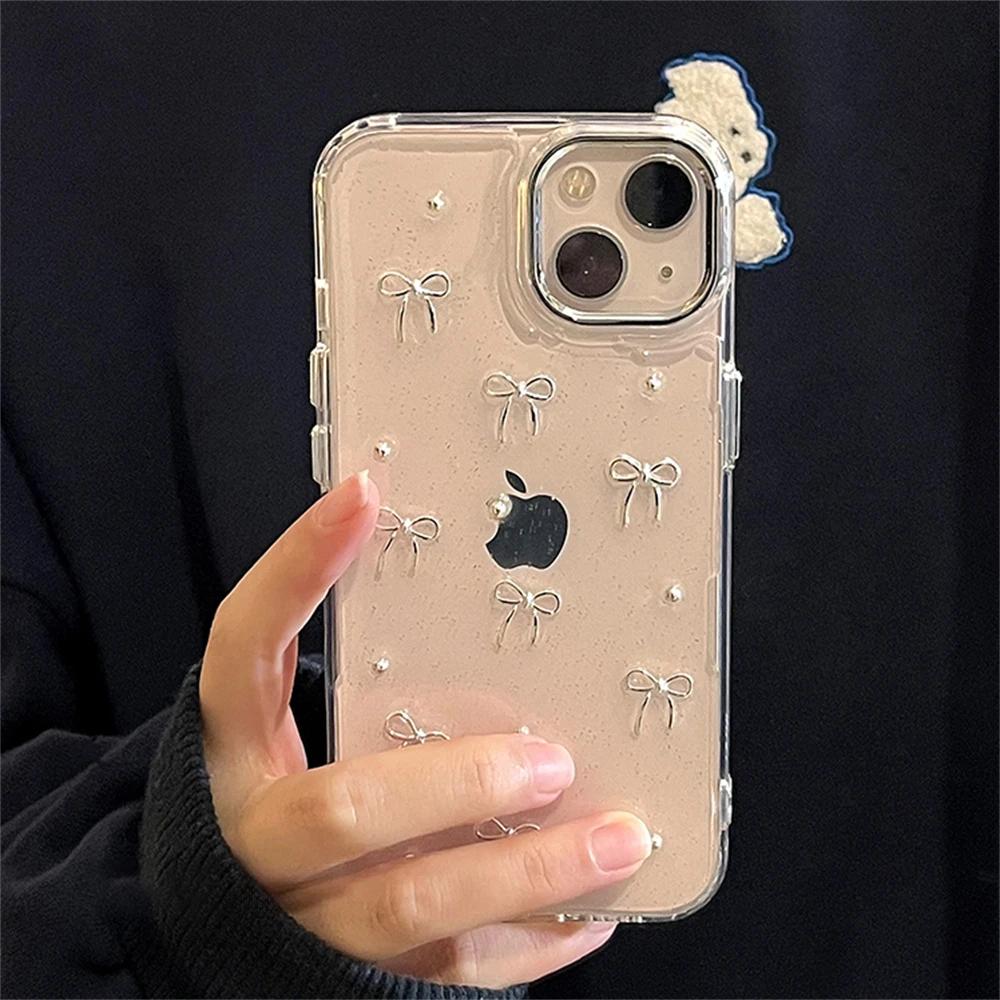 Luxury 3D Silver Bowknot Transparent Phone Case For iPhone 16 15 13 12 11 Pro Max 14 Plus Korean Girl Epoxy Glitter Soft Cover
