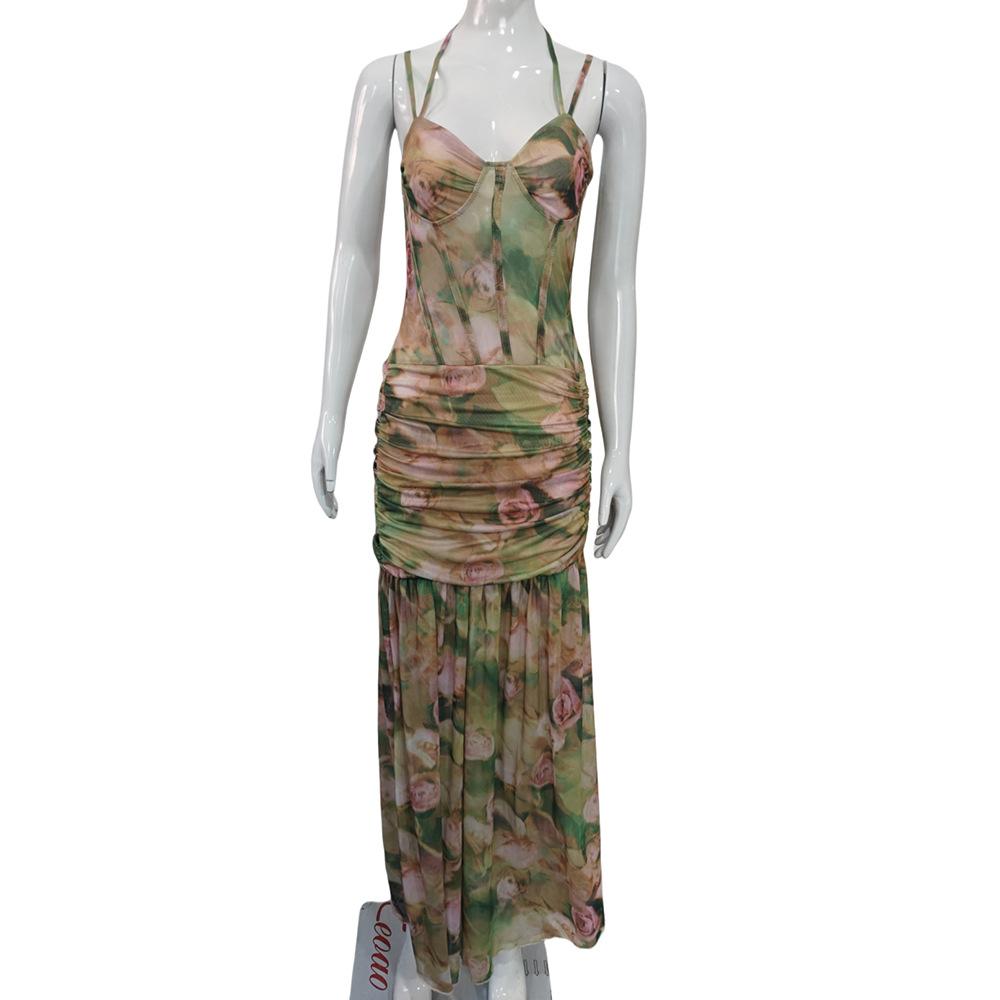 European and American women s clothing 2026 summer new sexy suspender printing vacation beach high waist thin split dress women S