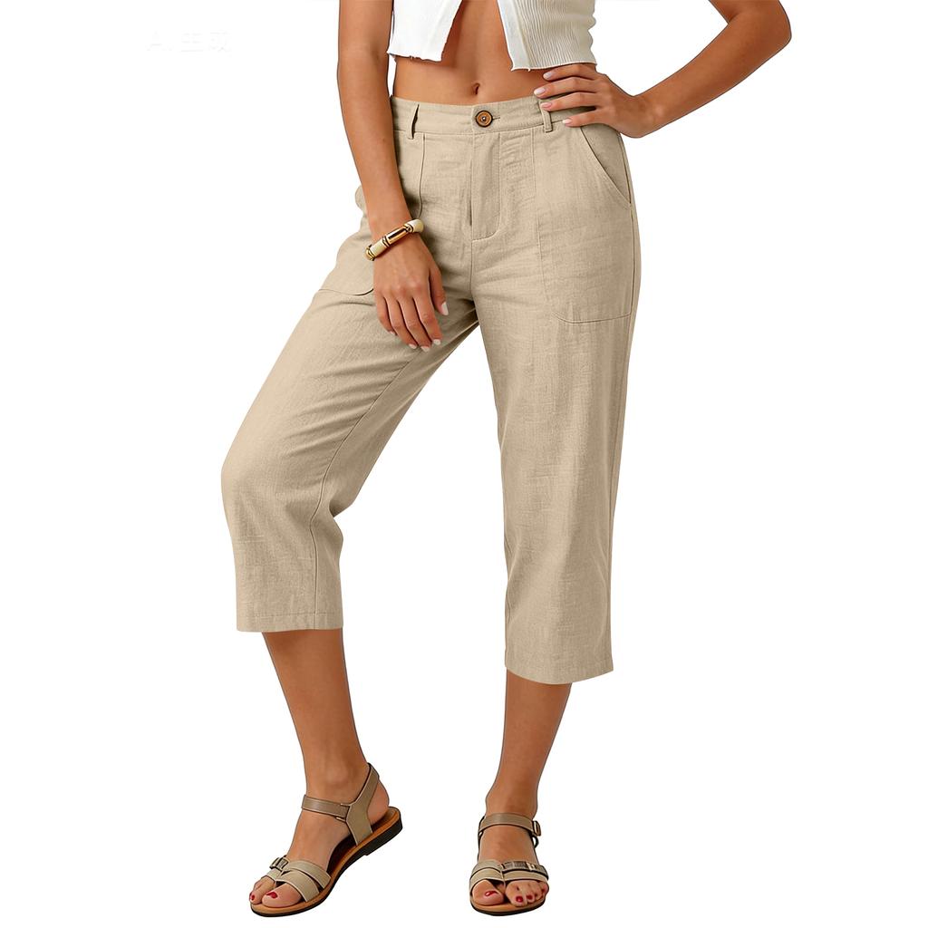Pantaloni Capricci Larghi Elasticizzati a Vita Alta 3/4 da Donna Vestibilità Casual Pantaloni Lunghi con Tasche