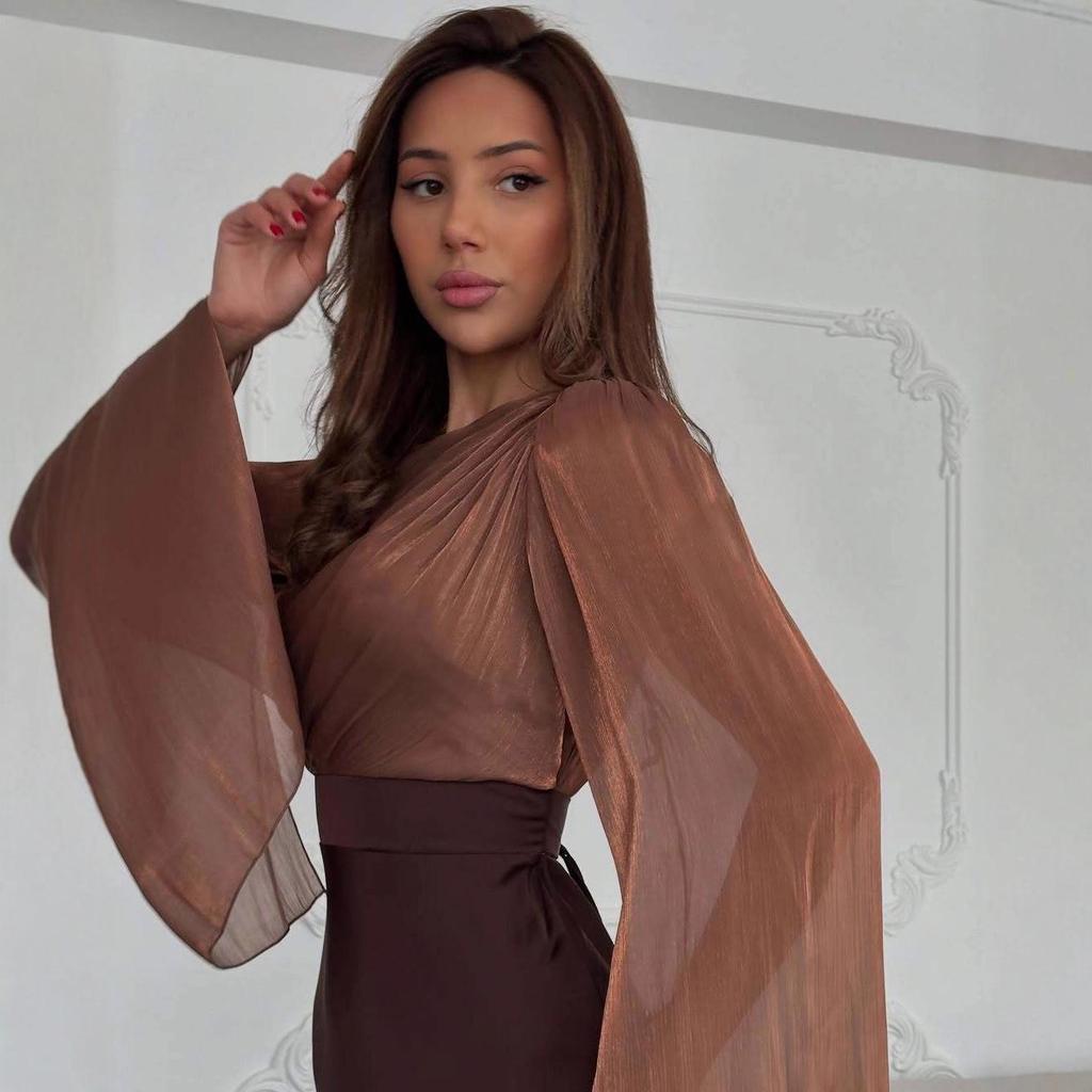 Elegant Slim Fit Satin Dress with Slit - Long Sleeve, Shiny, and Hip-Hugging for Autumn/Winter