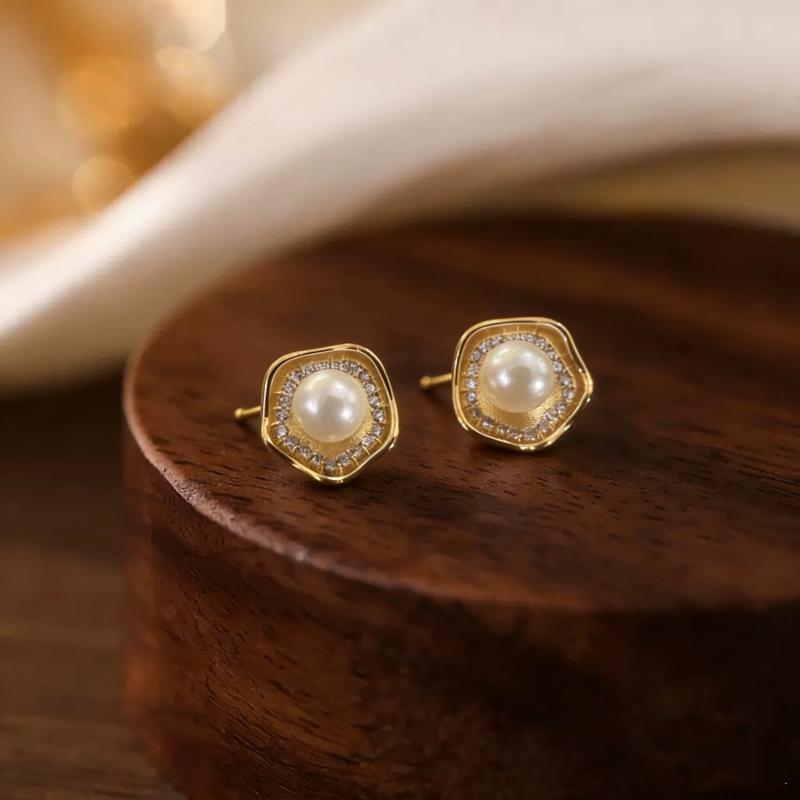 Beixi S999 Silver Needle Pearl Earrings with Zircon Edging – Irregular Square Inlaid Design for a Sophisticated Look
