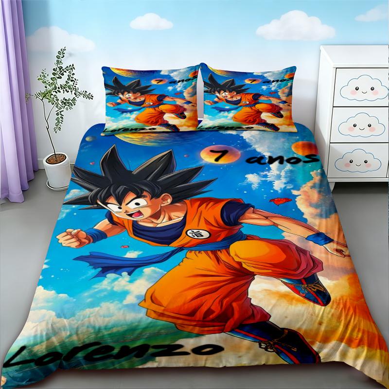 Anime 3pz Copripiumino Dragon Ball Goku Cartone Animato Set Biancheria da Letto Coperta Trapuntata per Bambini Dimensioni Queen King per Decorazione Camera da Letto Regali