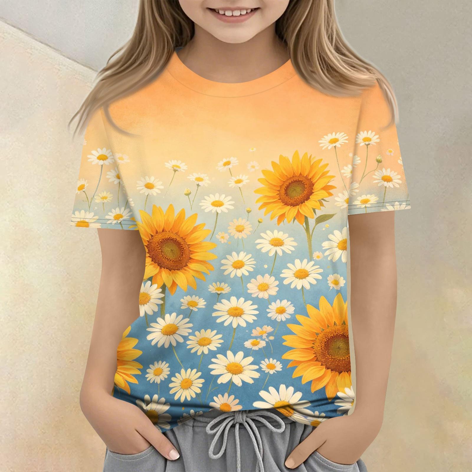 Kids Floral Print Crew Neck Short Sleeve Casual Loose Fit T Shirt Top for Children Comfortable Lightweight Summer Wear 140
