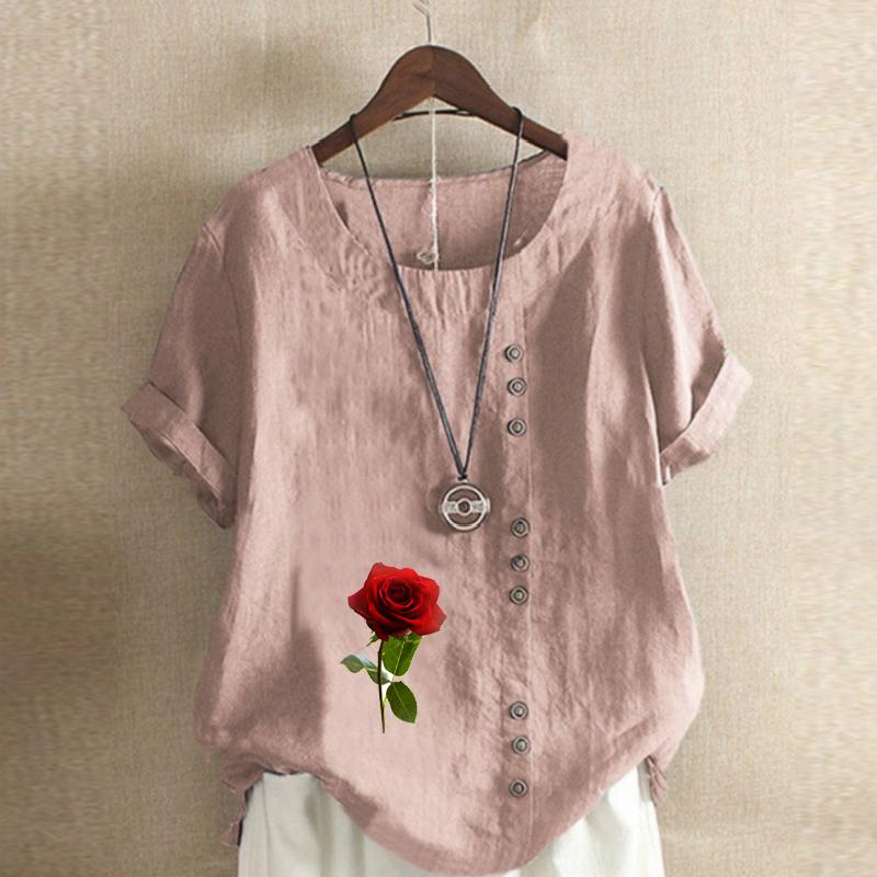 Women's New Fashion Linen Shirt Round Neck Short Sleeve Rose Printed T-shirt Summer Ladies Casual Plus Size Blouse Tops