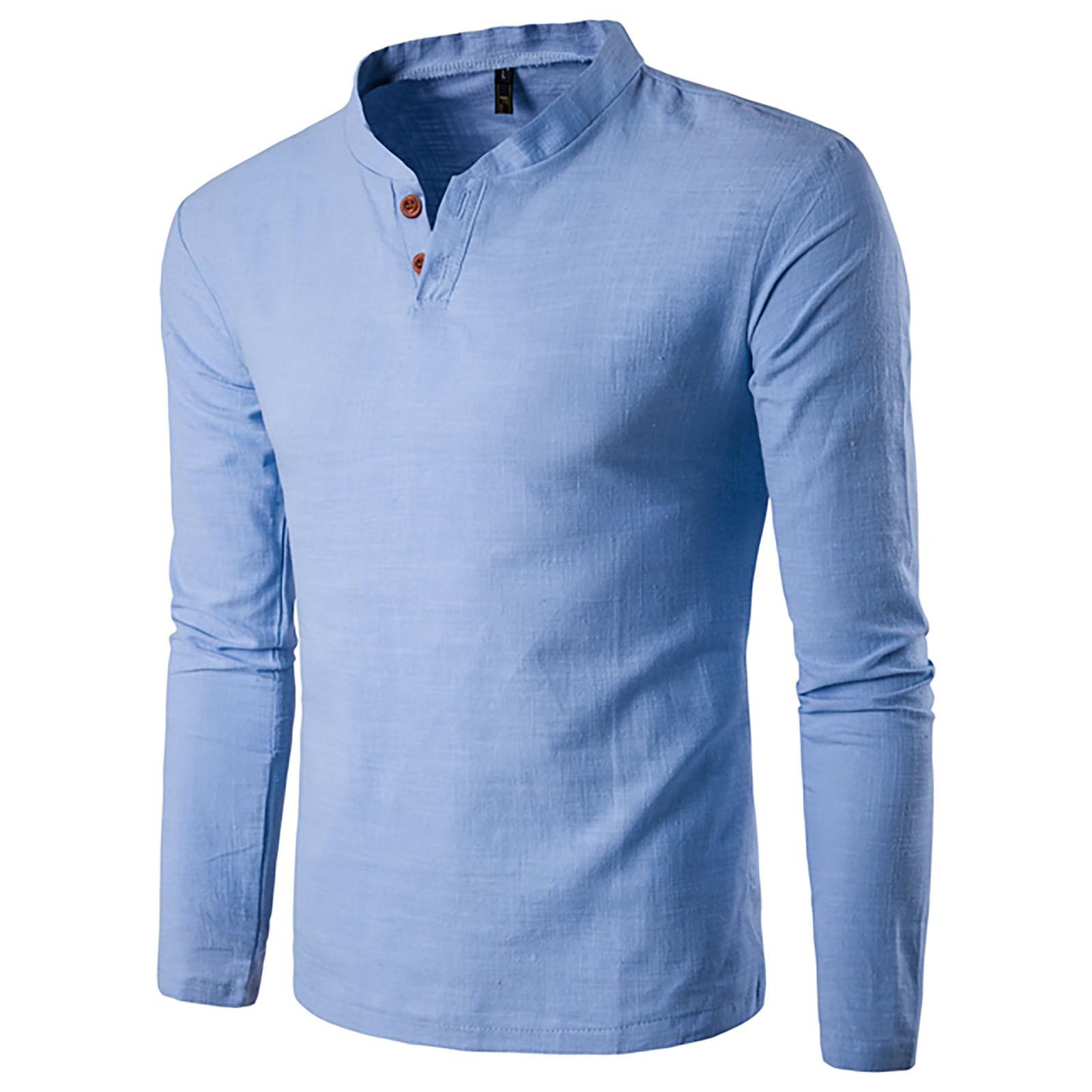 Men s Summer Cotton Linen Stand-Up Collar Color Button Long Sleeved Blouse L синий