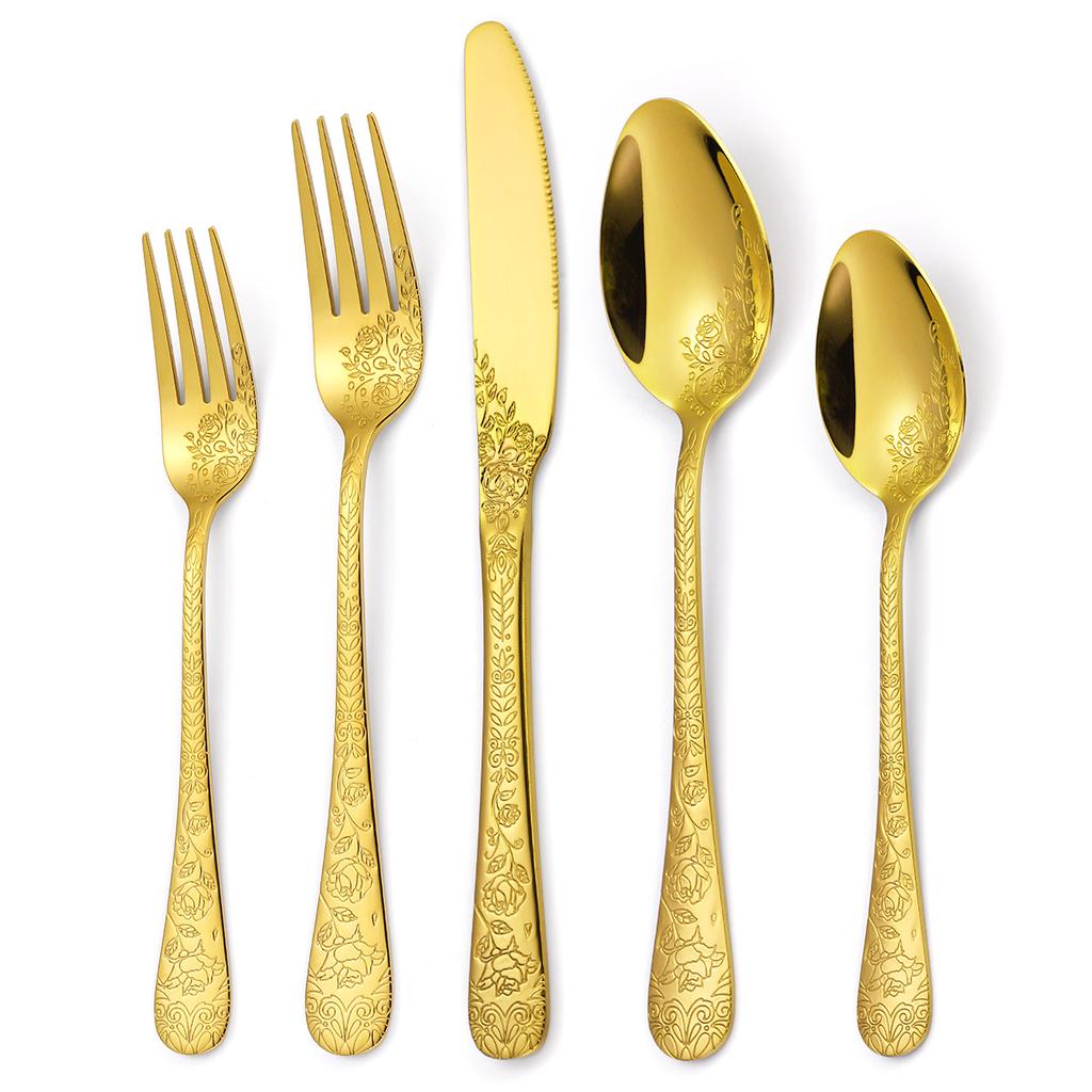 Chinese Patterned Stainless Steel Tableware Set for Household Knives  Forks  Spoons  Black 20/40 Piece Set