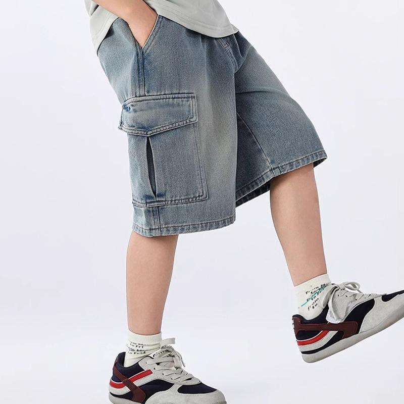 Summer Teen Boys Denim Shorts Fashion Solid Color Big Pocket Thin Jeans Pants for 4-14 Years Kids Children Casual Trousers