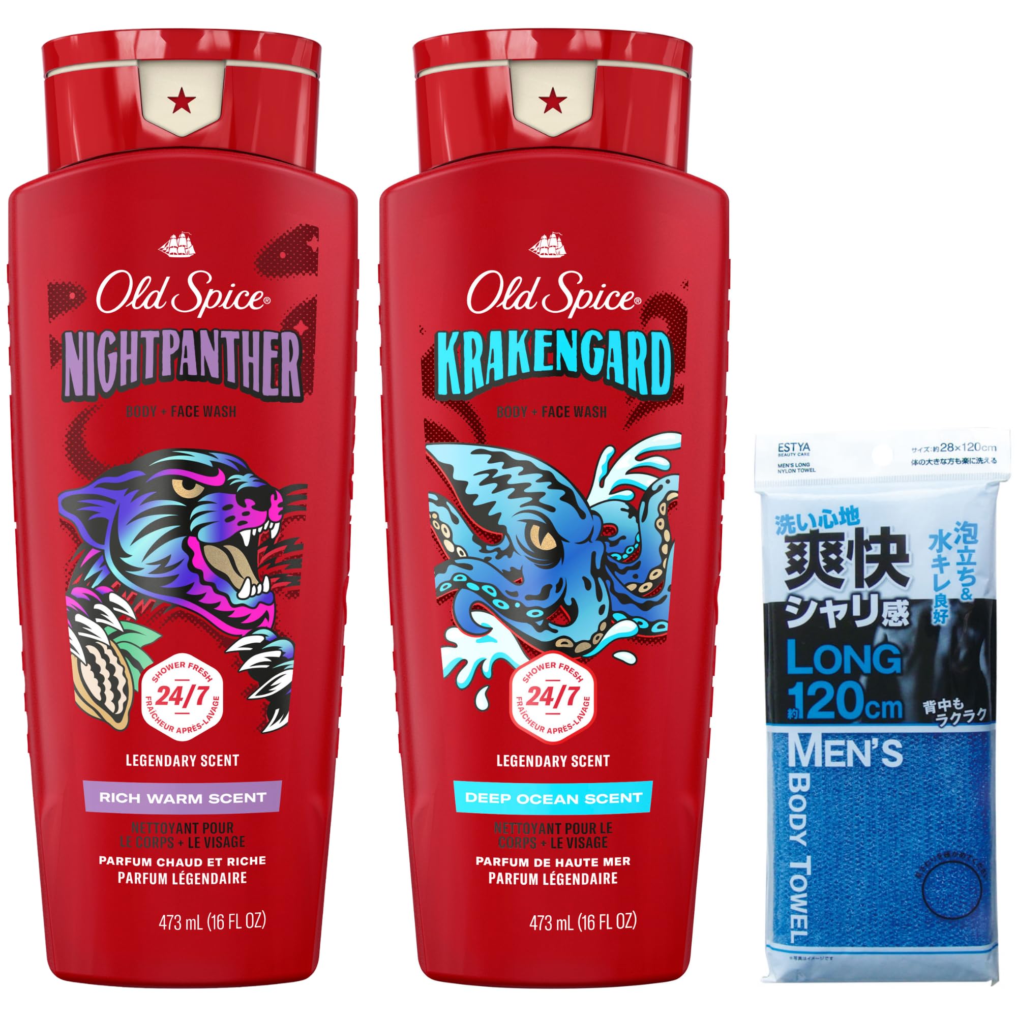 Old Spice Body Wash Night PantherKraken Guard 473mL each + ESTYA Body Towel [Set] 3-piece body wash set (2 body wash bottles, body towel)