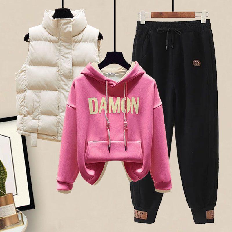 Plysj Tykk Hettevest Casual Sportbukser Moteriktig Student Sportssett Vinter Treningsdress Antrekk