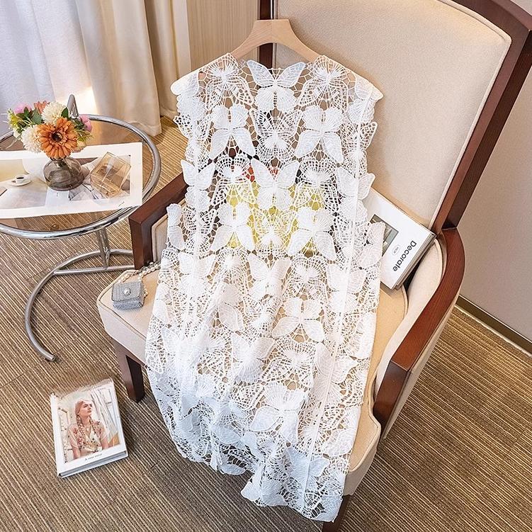 DIMANAF 2025 New Summer Women Long Vest Sleeveless T-Shirt Basic Fashion Tops Lace Tees Casual Loose White Tees