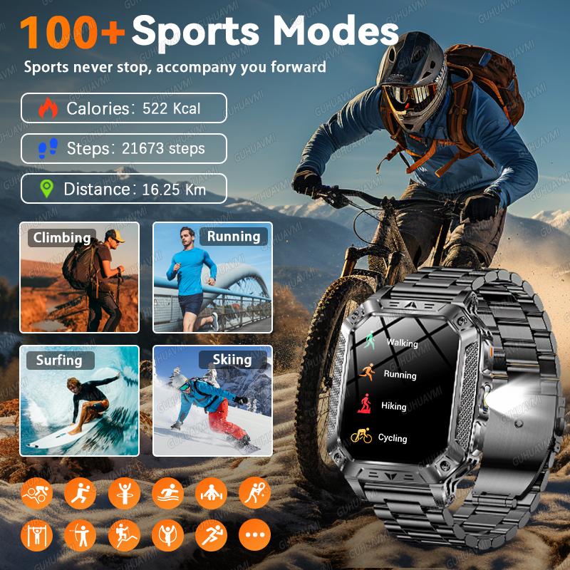 New Military 1400mAh Battery Smart Watch 2.01-inch AMOLED Screen LED Flashlight Waterproof BT Call Sports Smartwatch Men