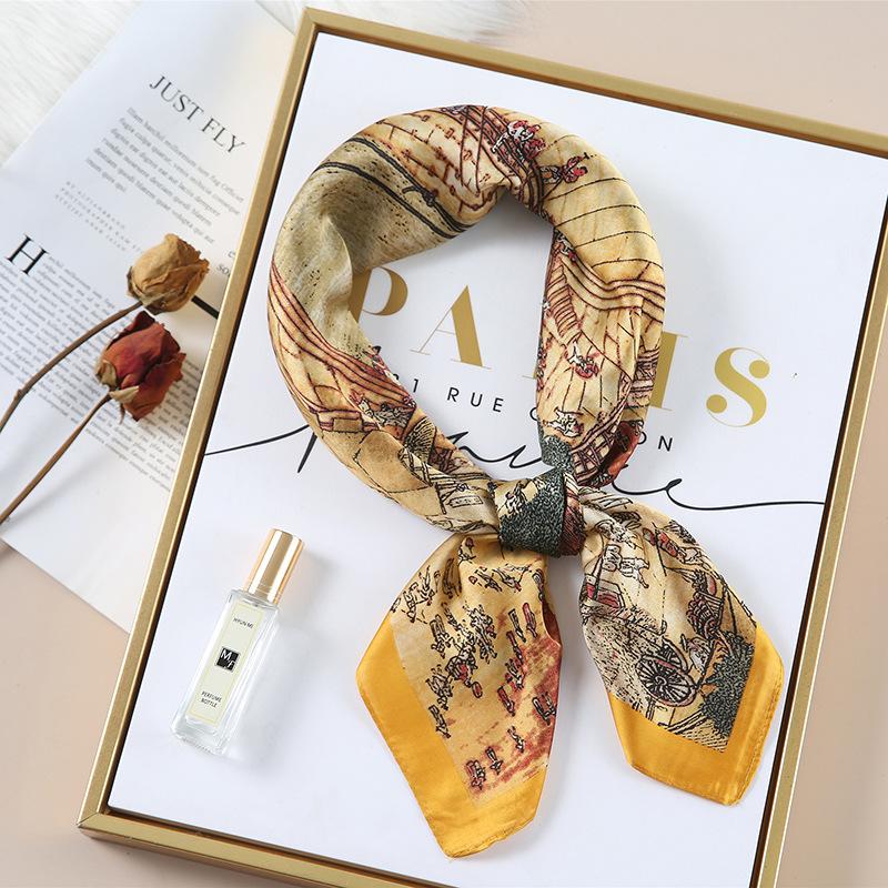 Luxury Spring New Imitated Silk Scarf Women Fashion 70cm Print Square Scarf Soft Satin Headband Shawl Wrap Hijab Foulard Ribbon
