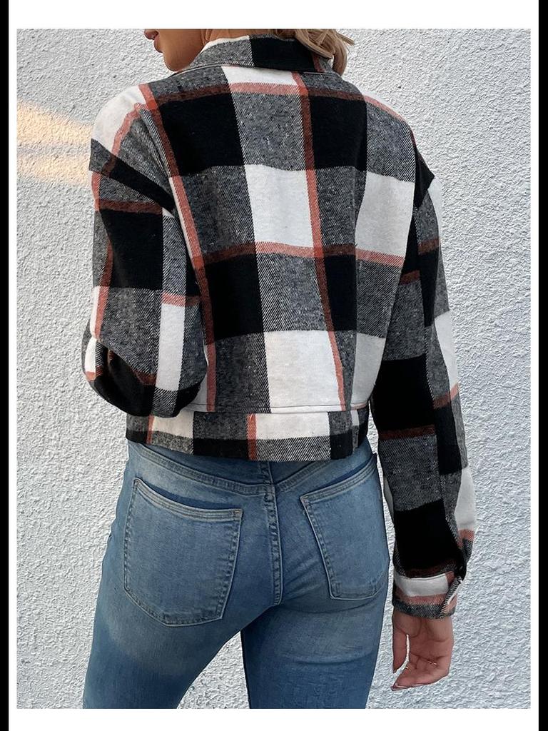 Jesienno-zimowa kurtka kardigan w kratę - Długi rękaw, styl europejski i amerykański