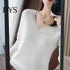 Elastic Women Top Sweater V-Neck Long Sleeve Solid Color Knit Cozy V-neck Tops Regular Fit Jumper Knitwear