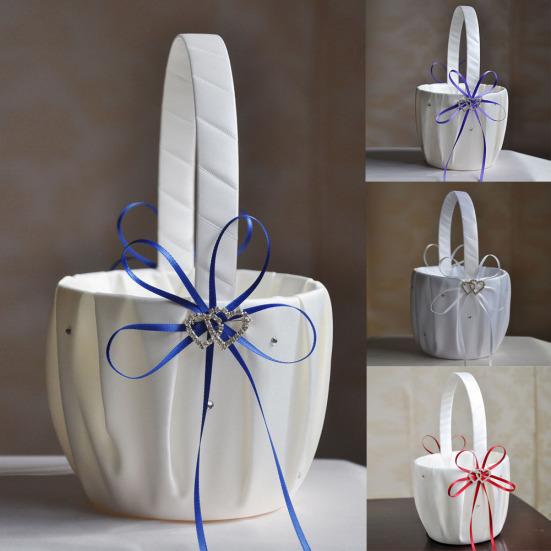 Double Heart Rhinestone Satin Ribbons Bowknot Wedding Flower Basket Home Decor