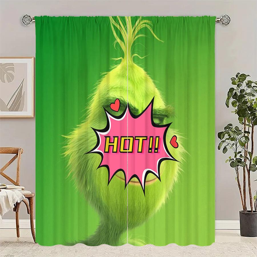 Green Cartoon Christmas Monster Print Curtains, Pole Bag Curtains, Christmas Decorations, Home Decorations, Room Decorations