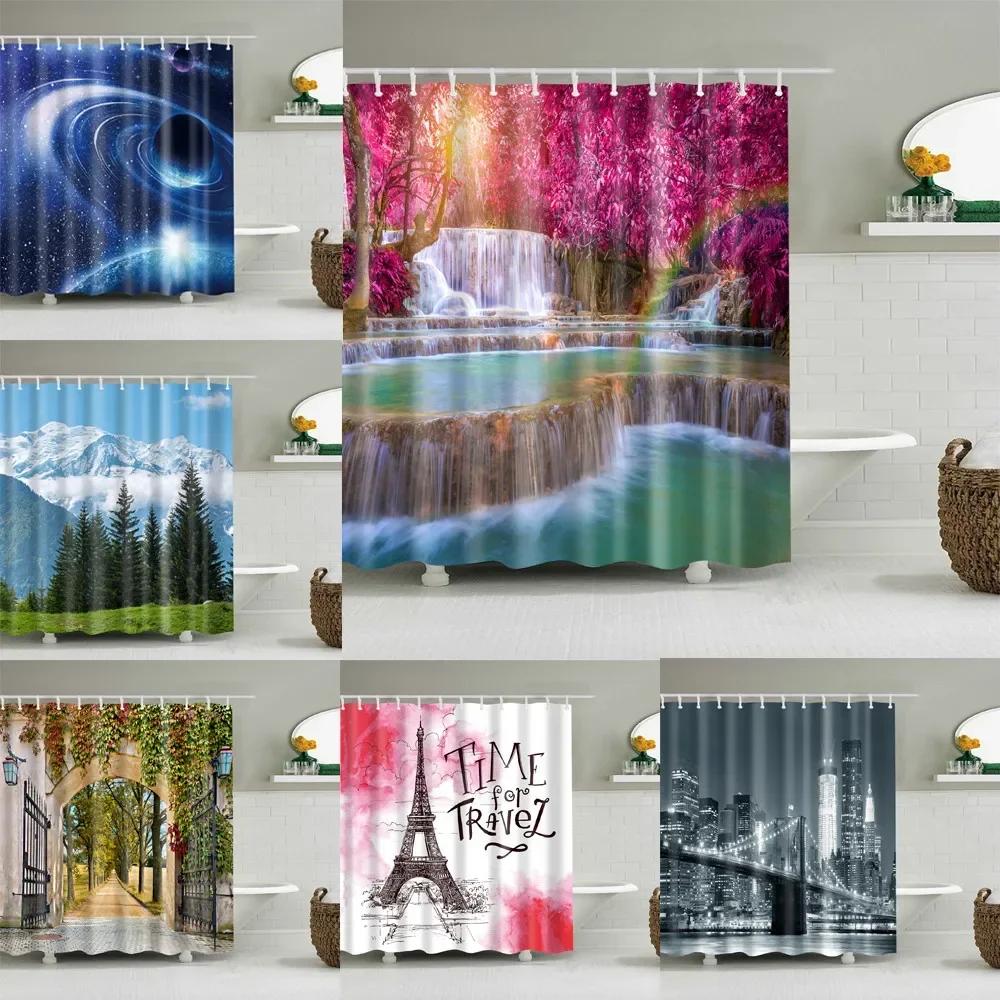 Paris Eiffeltornet Tryck Badrum Duschdraperi Vattentät Badrumsinredning Gardiner Bergskog Badrumsgardin Med Krokar